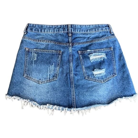 Forever 21 denim mini skirt button up fly distressed raw hem size 28 - Picture 2 of 12